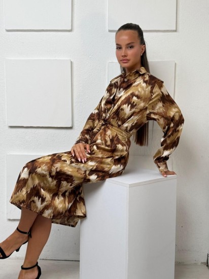 שמלה סאטן דפוס כפתורים 